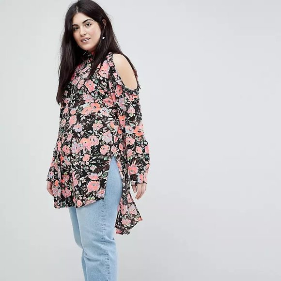 ASOS Curve Koko Neon Cold Shoulder Floral Shirt NWT - Picture 9 of 9
